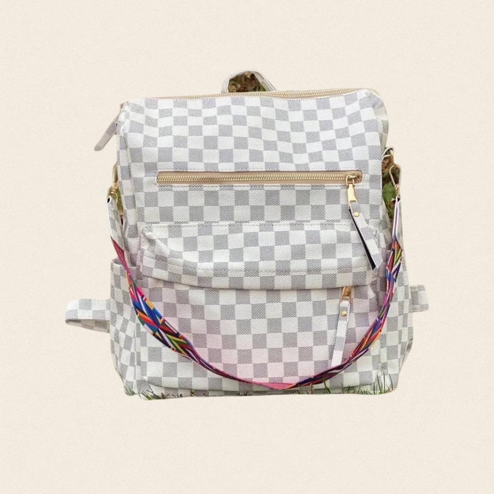 White Checkered Women's Convertible Backpack Tote with Colorful Strap